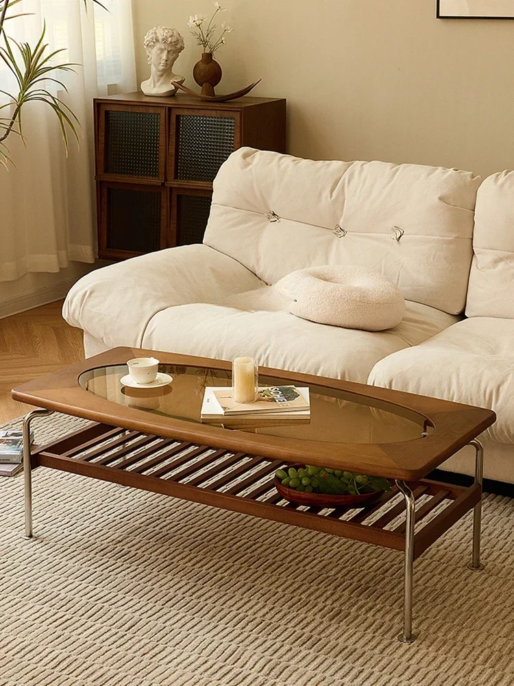 

Vintage stainless steel modern simple tea table living room tea table tempered glass tea table