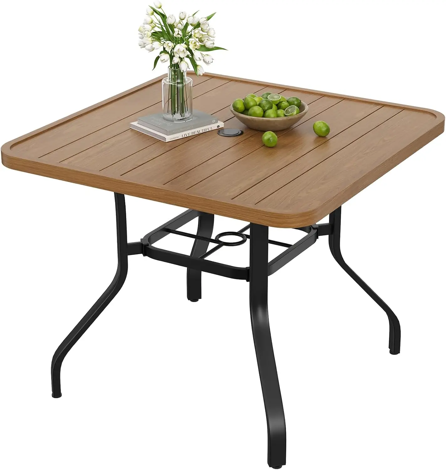 Patio Dining Table With 157 Umbrella Hole 35x35 Wood Texture All Weather Metal Frame Poolside Deck Porch