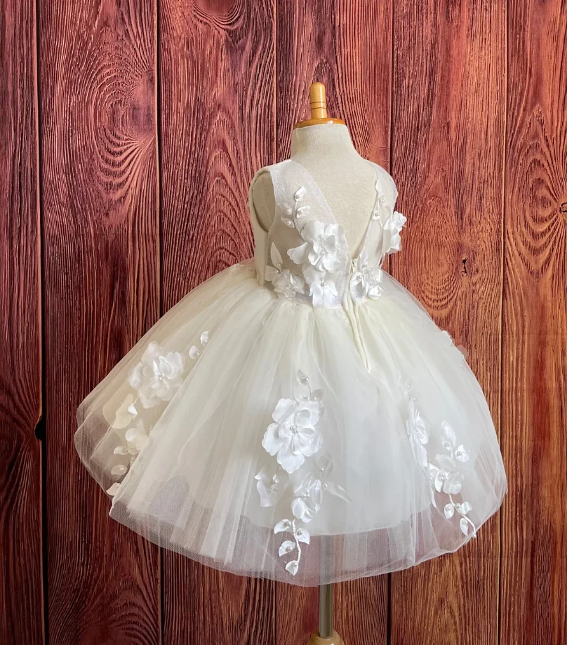 

Ivory Flower Girl Dresses Tiered Tulle Puffy Floral Kids Wedding Bridesmaid Gown Birthday Party Prom Dress