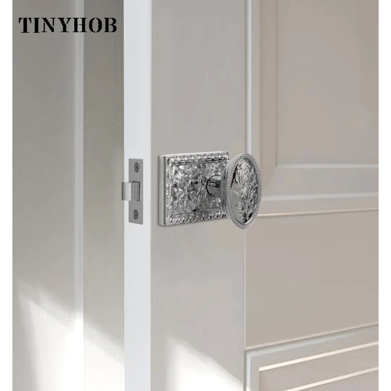 Bright Silver Relief Art Design Wood Door Handles for Interior Doors  Keyless Bedroom Door Lock/Applicable Door Thickness35-50mm