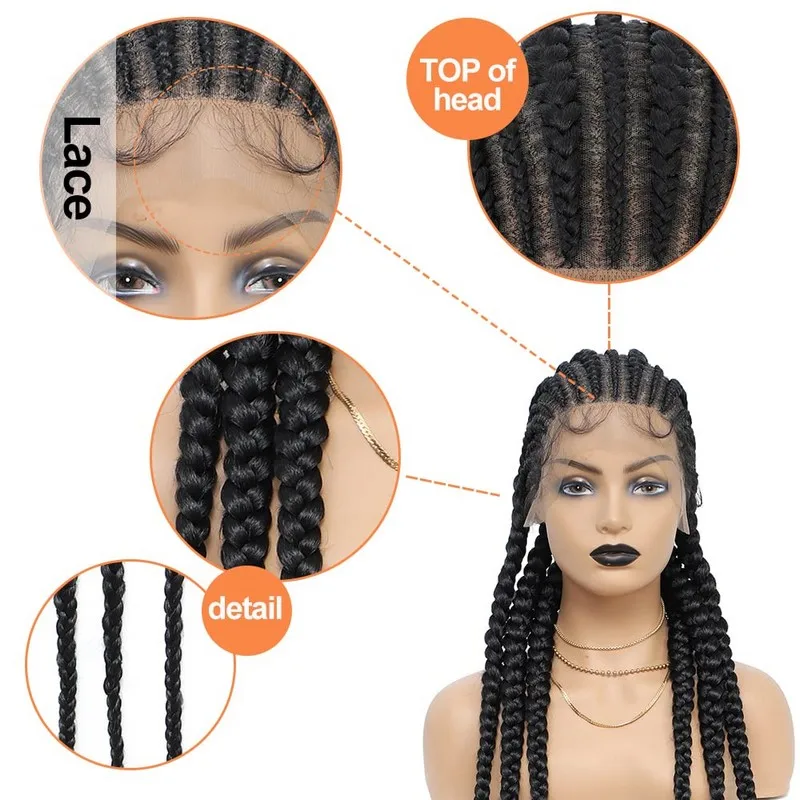 Incoo-Sintético Full Lace Trançado Perucas para Mulheres Negras, Sem Nós, Trança De Caixa, Peruca De Cornrow, Cabelo Trançado Africano, 36"