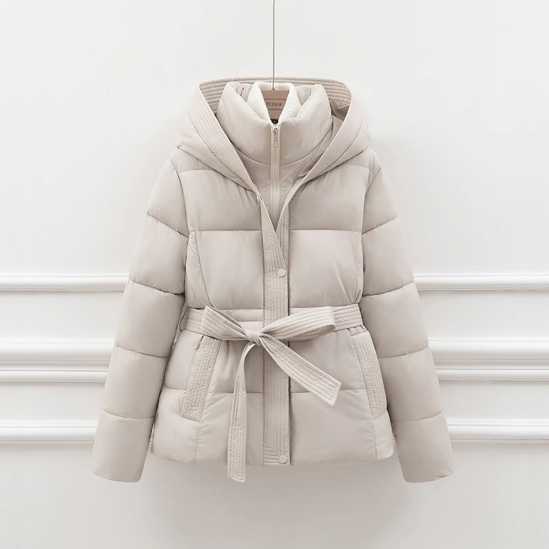 Women's Short Padded Jacket Winter Thickened Cotton Puffer Coat with Hood Drawstring Slimming Trendy Commute Style Long Sleeve