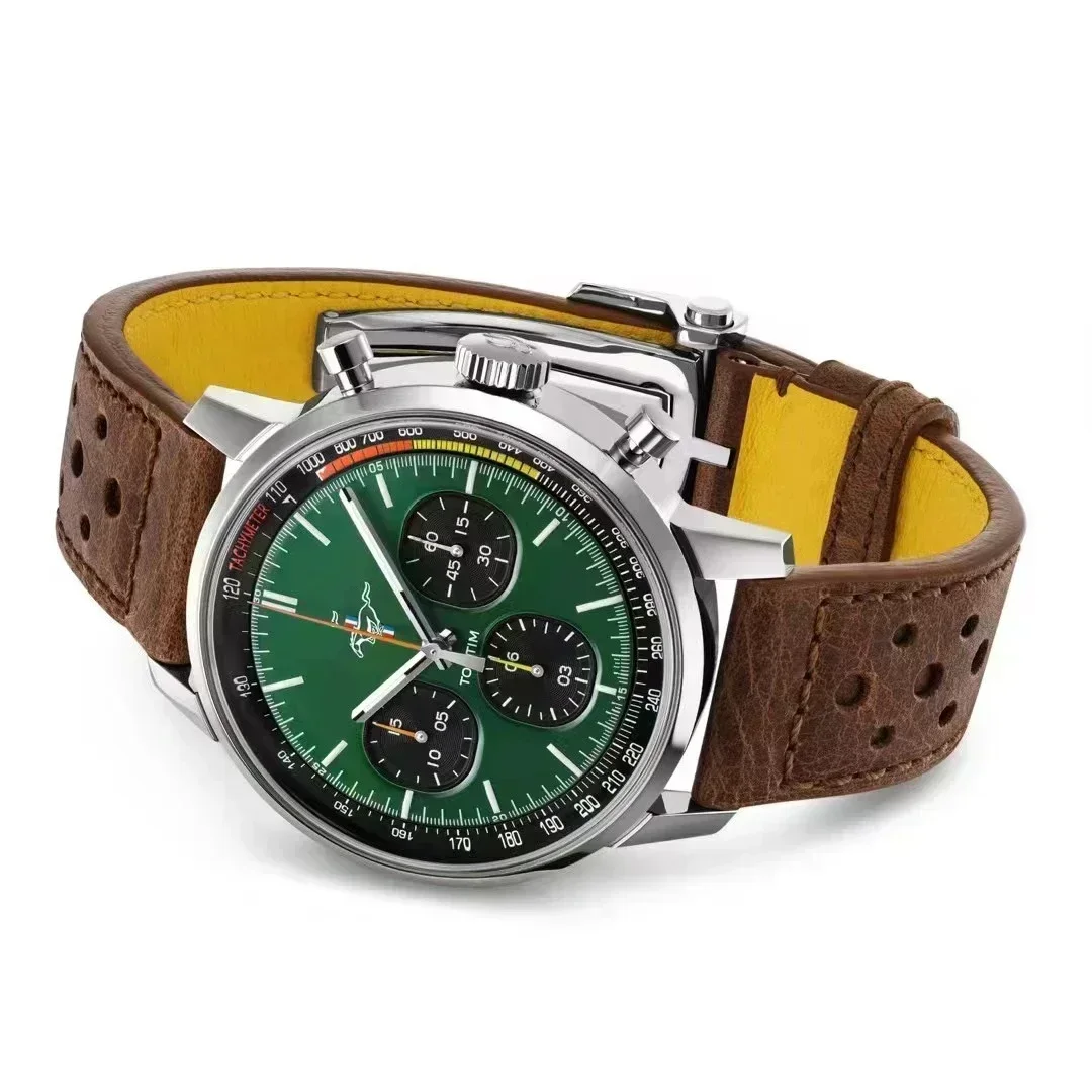 Montre chronographe à quartz de luxe pour homme, acier inoxydable, horloge supérieure, marron, cuir, saphir, vert, cadran rouge, nouveau, 2023