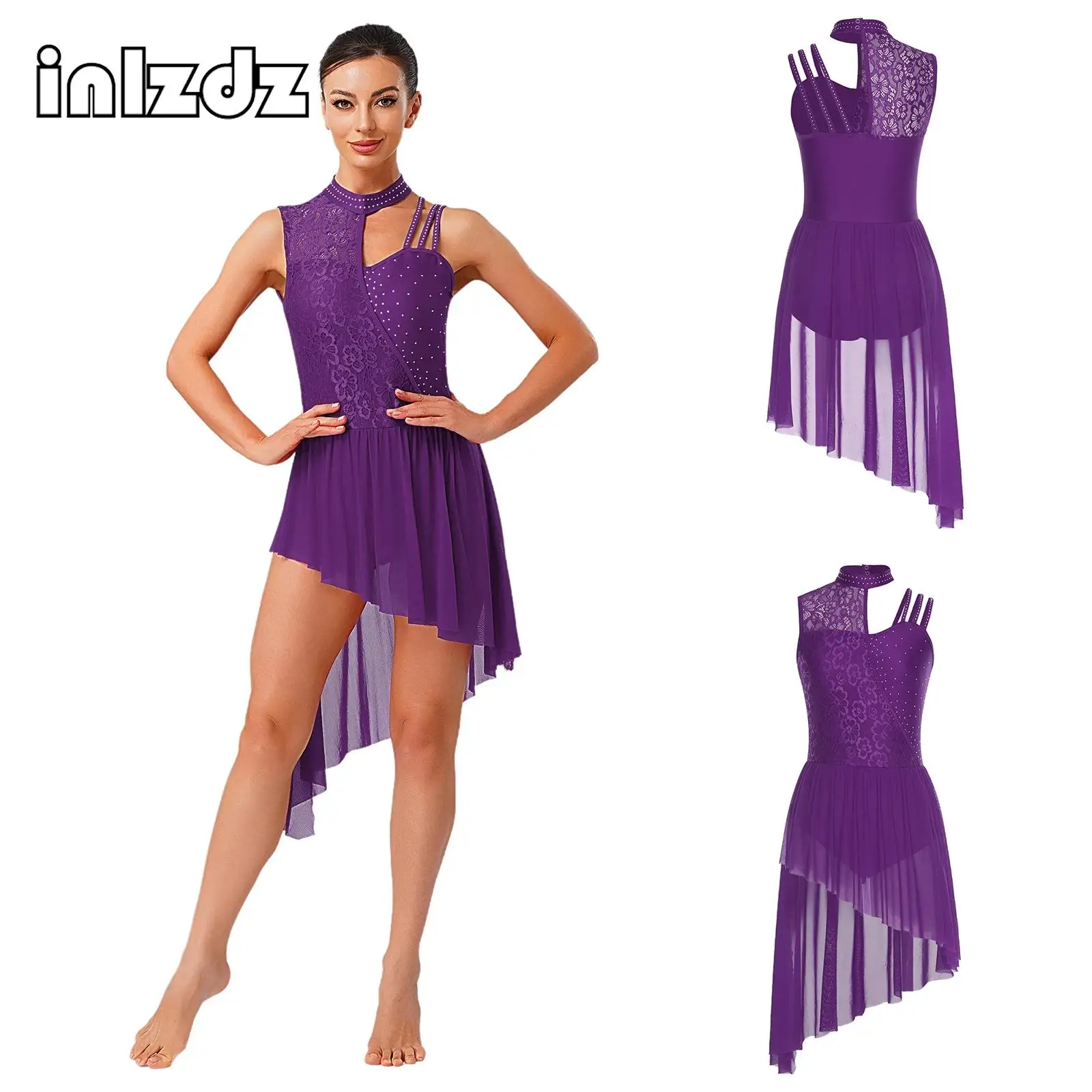 

Womens Lyrical Dance Leotard Dress Floral Lace Openable Crotch One-piece Asymmetrical Dress for Ballet Waltz Latin Dancewear