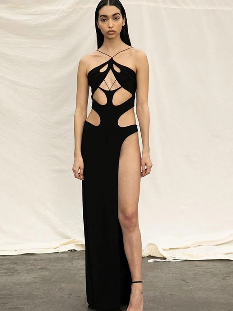 Cryptographic แฟชั่นสีดำ Halter ตัดสูงเอวแยกชุดยาวสตรีชุดราตรีเซ็กซี่ Backless Maxi ชุดเสื้อผ้า