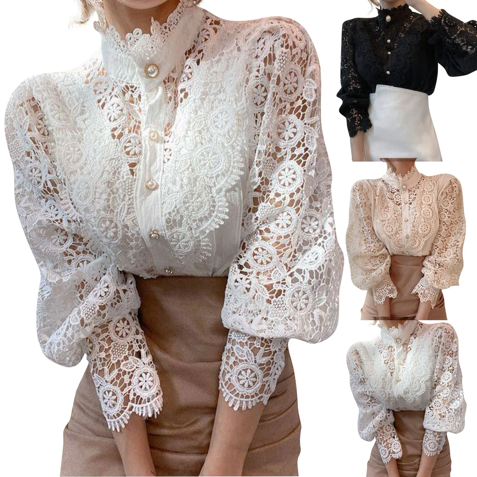 

Elegant Lace Hollow Out Tops for Lady Spring Summer Lightweight Fashion Long Sleeve Tunic Casual Puffy Button Up Blouses