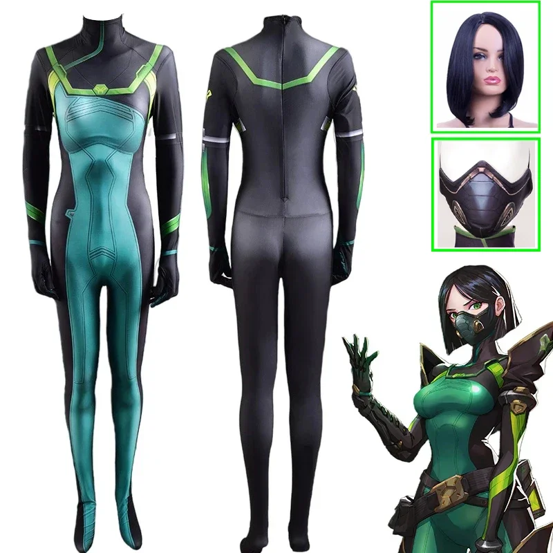 Anime Game Valorant Viper Cosplay Kostuum Bodysuit Jumpsuit Pruik Masker Zentai Pak Party Carnaval Karakter Jurk Voor Aduit Kids