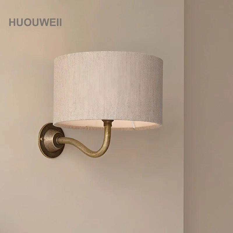 American Brass Fabric Wall Lamp Bedroom Single Head Wall Lamp Living Room Aisle Entrance Light Stair Decorative Lamp