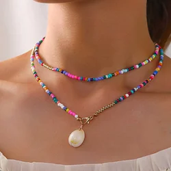 Boho Vintage Mixed Color Rice Bead Long Chain Shell Pendant Necklace For Women Female Fashion Pastoral Ethnic Style Jewelry Gift