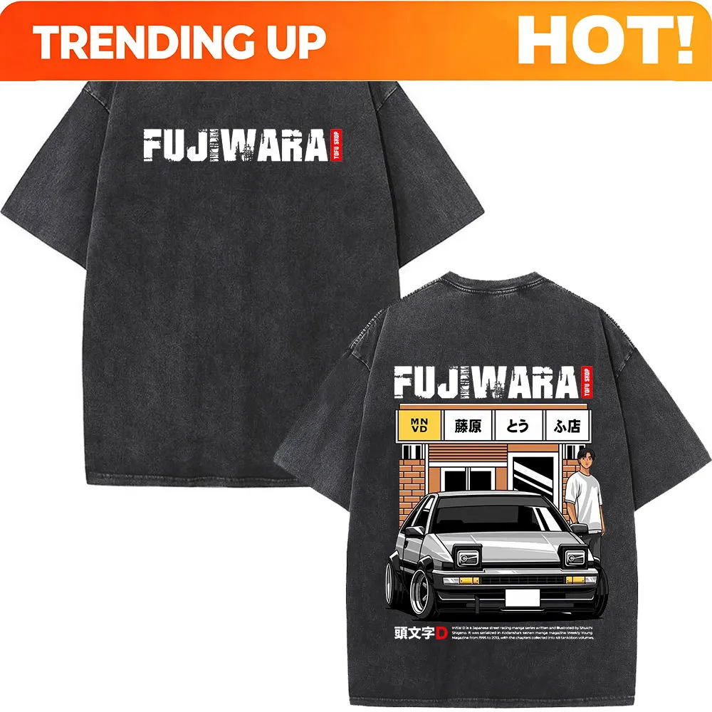 Customization Washed Vintage Short Sleeve T-shirt Anime Initial D Drift AE86 Racing Car T Shirt Takumi Fujiwara R34 Skyline GTR