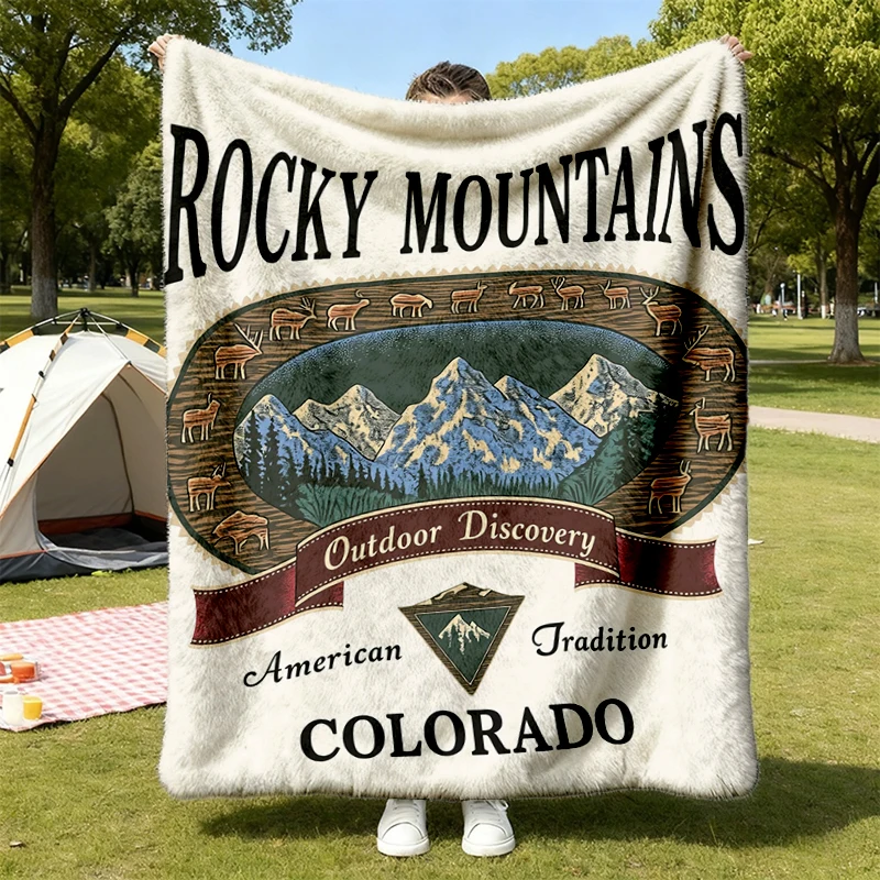 Vintage Rocky Mountains Colorado Flannel Blanket, Outdoor Discovery Graphic Flannel Throw