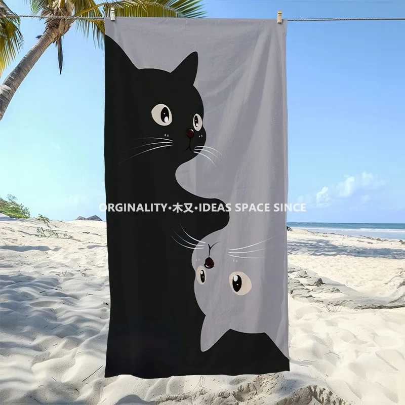Cute Couple Cats Beach Towel Patterned Sunscreen And Windproof Suitable For Swimming Pool Camping Travel