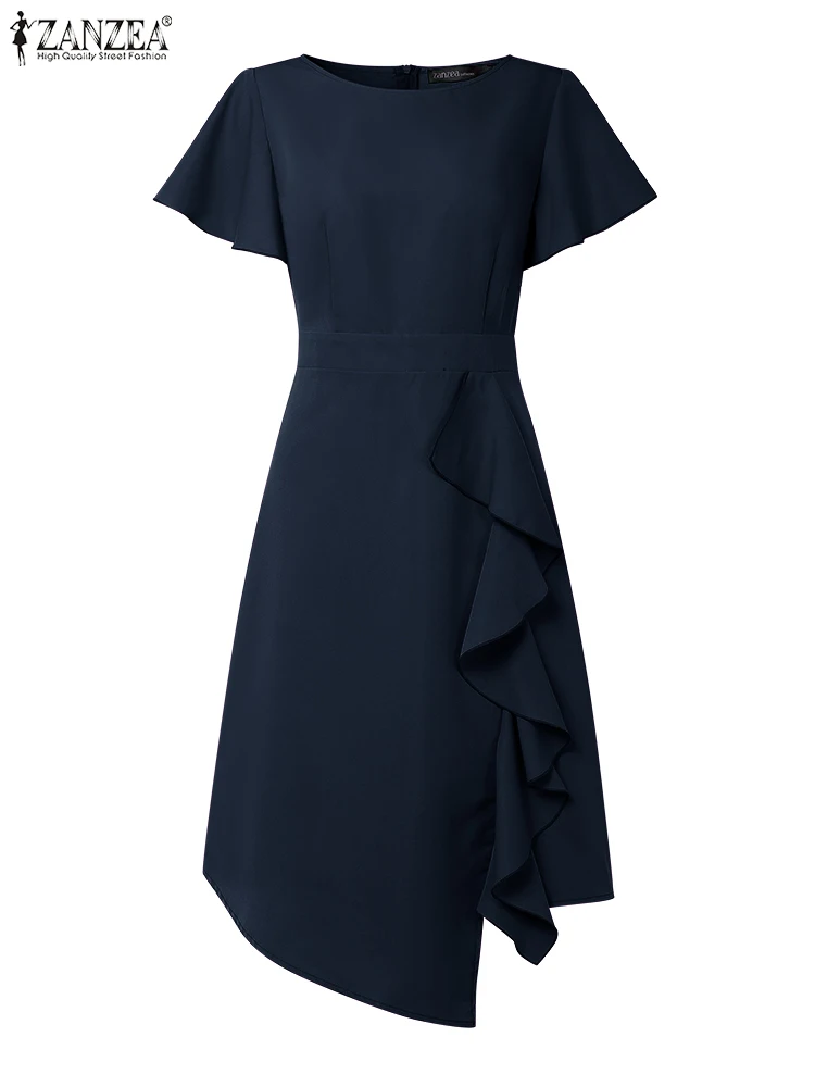 

ZANZEA Women Ruffled Summer Dress 2025 Fashion Short Sleeve Waisted Casual Midi Sundress Loose Solid Color Elegant Party Vestido