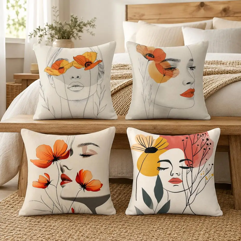 Women with Floral Art Cushion Cover Soft Short Plush Pillow Cover Smooth Cozy Texture Cushion Case Home Decor