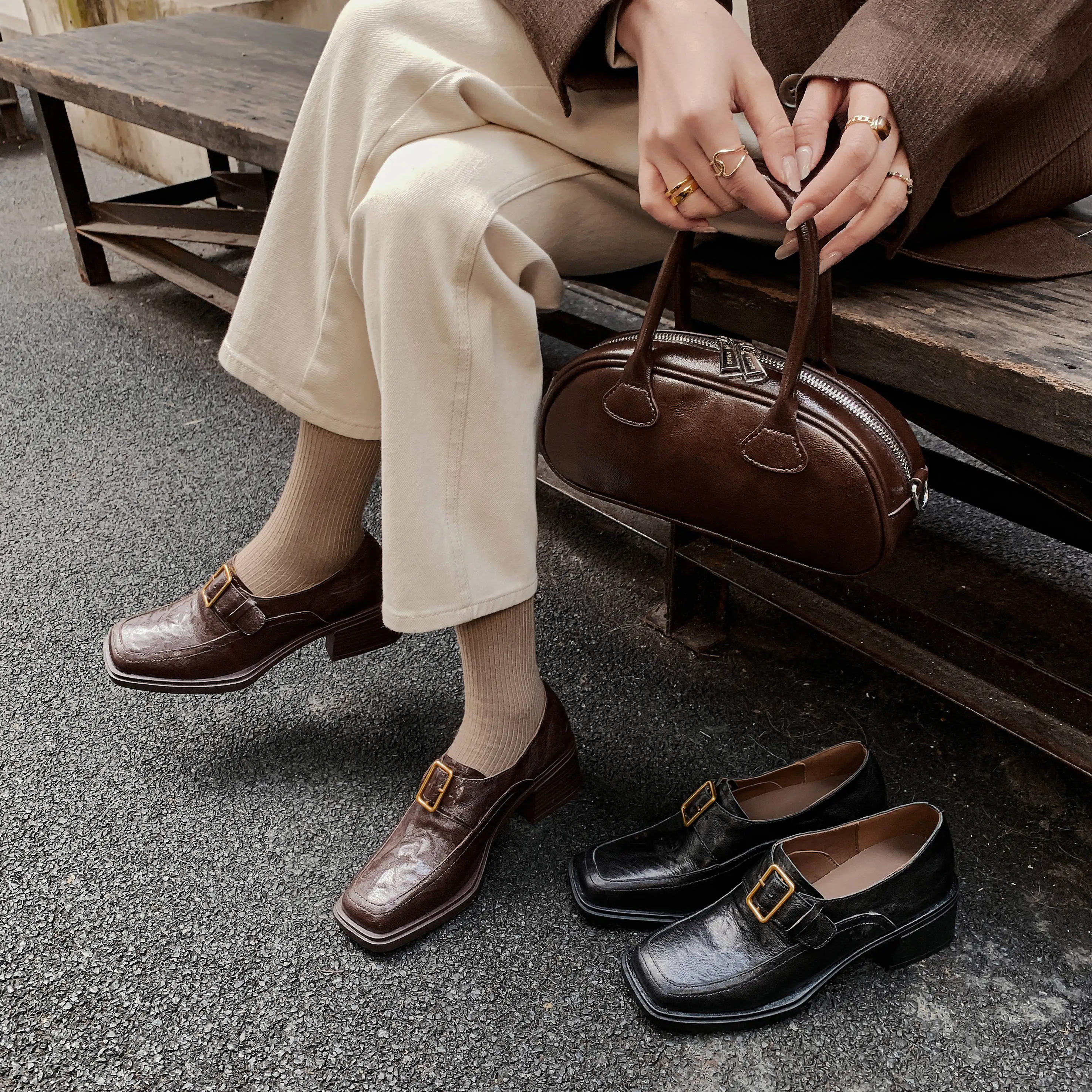 

Genuine Leather Square Toe Loafers Block Heel Metal Buckle Slip-On Comfortable Retro Shoes for Women