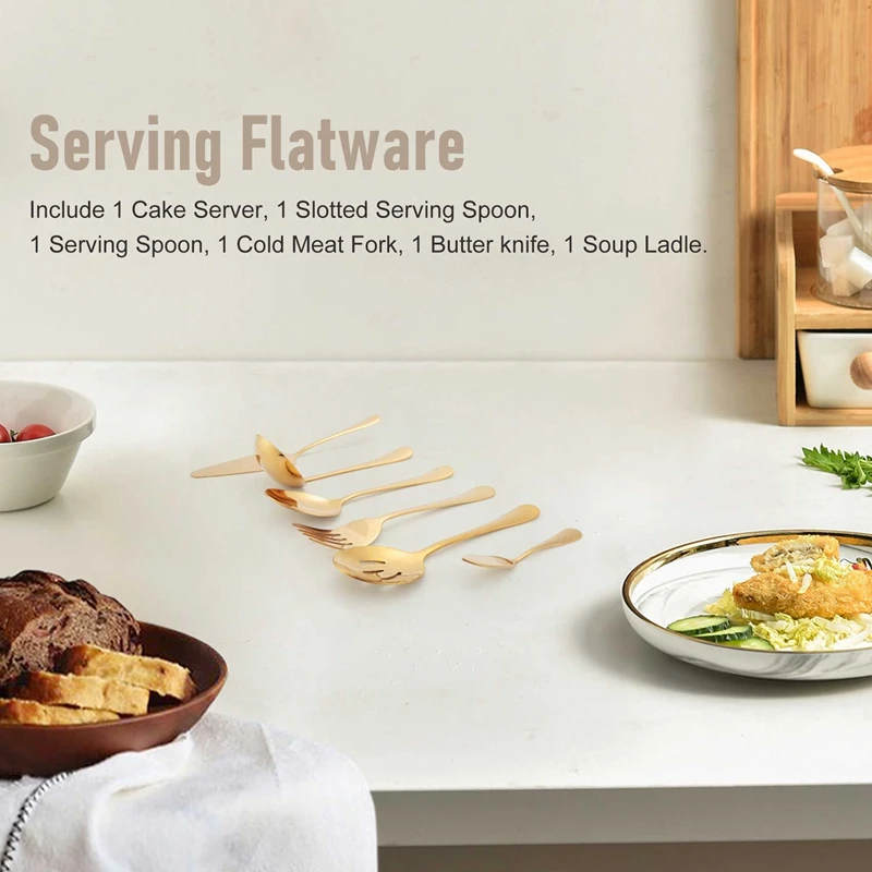 6-Piece Serving Flatware Silverware Set, Serving Utensil Set,Include Cake Server, Slotted Serving Spoon