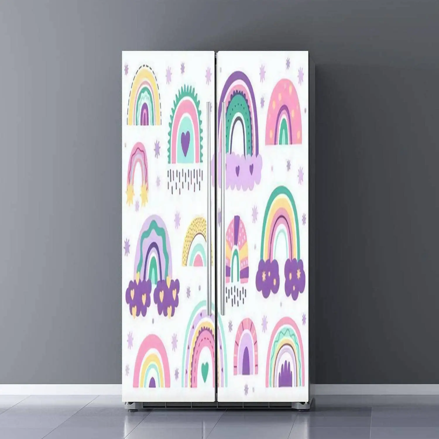 Cartoon Rainbow Refrigerator Wrap Lovely Clouds Fridge Sticker Home Kitchen Decor Wallpaper Mural Decal Self-adhesive Removable