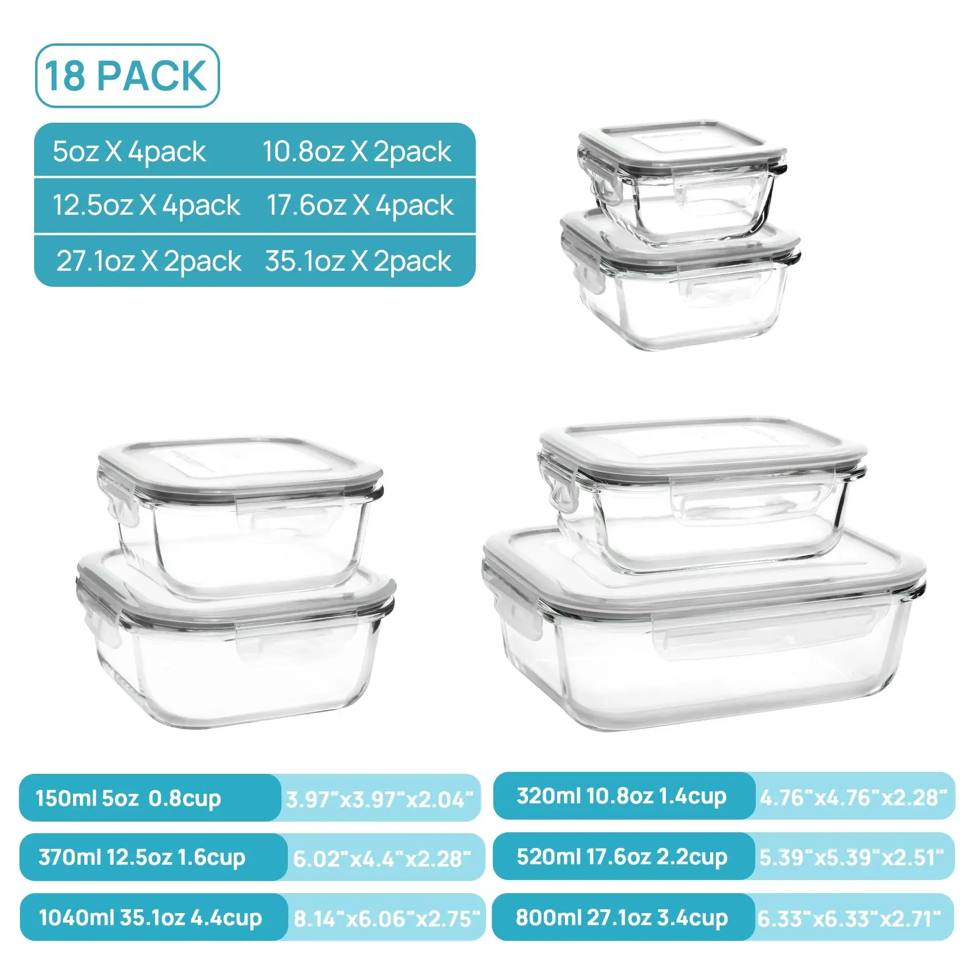 18 Pack Glass Food Storage Containers with Lids Airtight Meal Prep Lunch Box Stackable Grey Rectangle Large Storage Oven Microwave Freezer Dishwasher Safe Kitchenware Utensils Organization Home Essentials