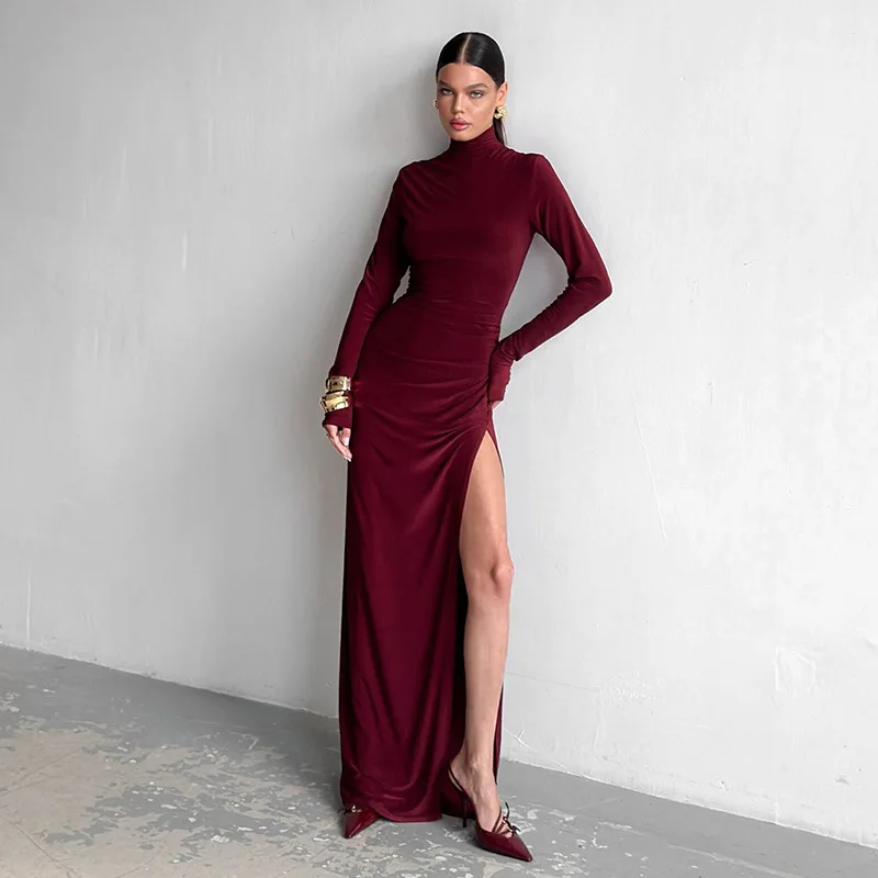 High Collar Pleated Women's Bandage Skirt Long Sleeve Split Party Gown Brown Red Black Sleeveless Sheath Slim Prom Dress Newest