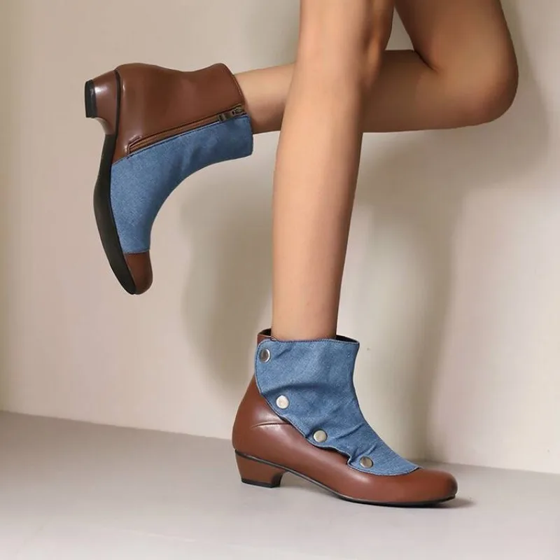 Autumn and Winter New Style Fashion High-heeled Women's Boots Color Blocking Cowboy Round Head Pleated Square Heel Women's Boots