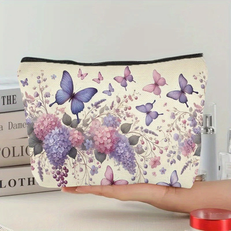 1pc Elegant Linen Cosmetic Bag with Purple Floral & Butterfly Design | Lightweight Zippered Pouch for Women