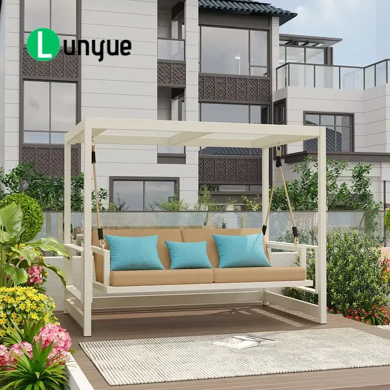 Mediterranean Style Terrace Swing Set Deluxe Weather Resistant Sofa with Canopy and Stand for Villa Courtyard Backyard