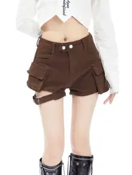 Short en jean taille haute pour femme, short cargo sexy, simple, noir, marron, fille aux épices coréennes, mode d'été, 2024