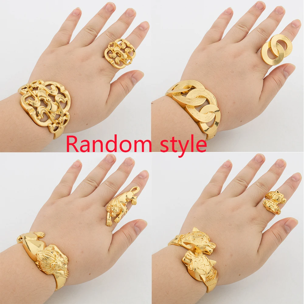 4Sets Random Style Jewelry Set Dubai Gold Color Cuff Bangle Ring For Women Adjustable Ring Charm Bracelet Wedding Jewelry Gifts