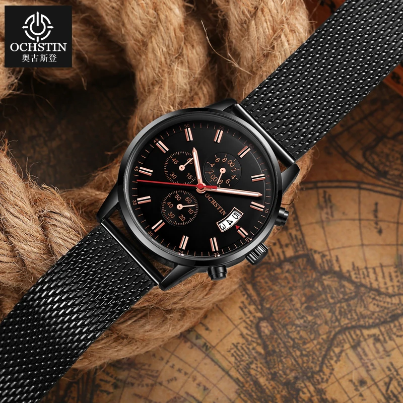 OCHSTIN Men's Vintage Aviator Men Multifunctional Quartz Movement Wristwatch Man Genuine Leather Strap Fashion Clock Male