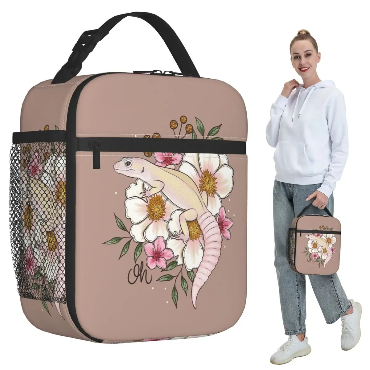 

Leopard Gecko Murphy's Patternless With Florals Insulated Lunch Bag for Kids School Thermal Food Box Tote Portable Lunch Boxes