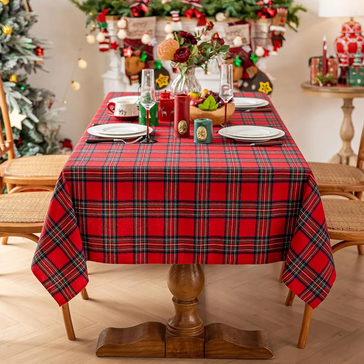 Red Big Plaid Christmas Tablecloth Tartan Table Cloth Decor,Winter Holiday Tables Party,Christmas Dining Farmhouse Kitchen Decor