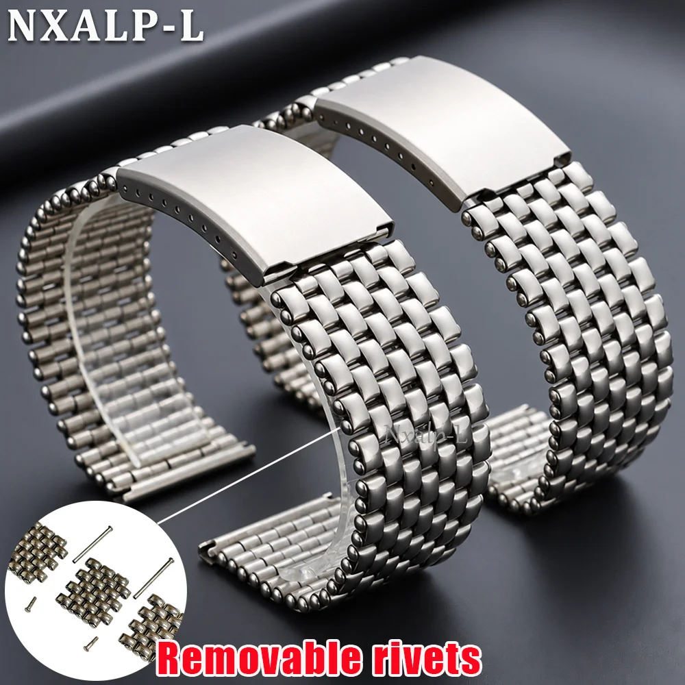 Stainless Steel Watch Band 20mm 22mm 24mm for Seiko for Rolex Wristband Removable Rivets Strap Adjustable Bracelet for Men Women