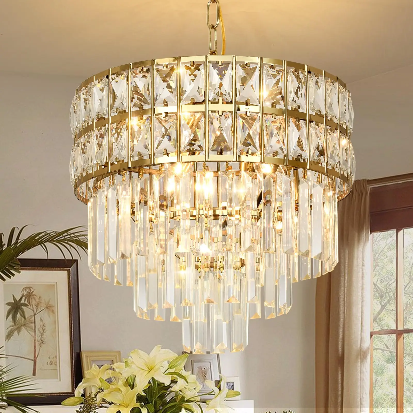 

Round Gold K9 Crystal Chandelier, Adjustable Height Hanging Ceiling K9 Crystal Chandelier for living room/dining room/bedroom