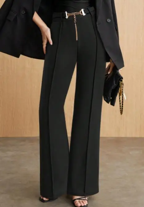 

Spring and Autumn Hot Metal Belt Paired with High Waist Straight Leg Pants Black High End Hanging Western Pants for Women