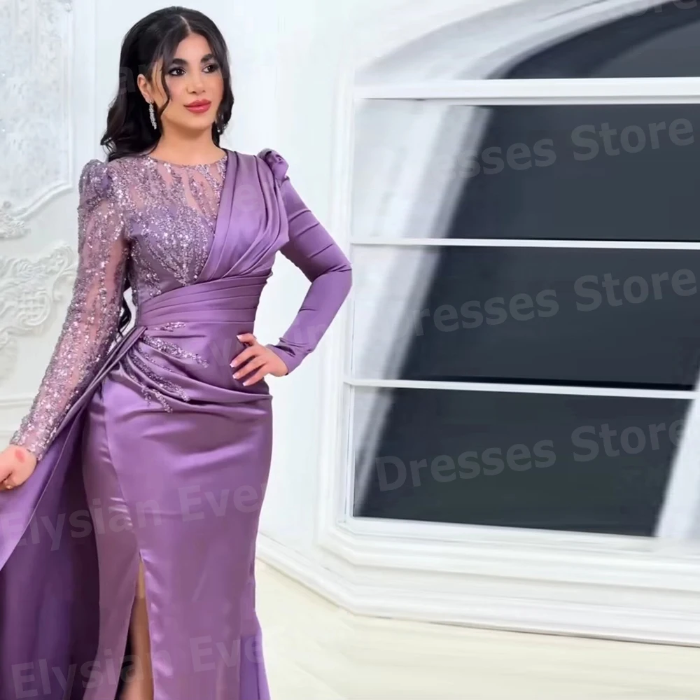 Elegante vrouwen Zeemeermin O Hals Avondjurken Aangepaste Robe De Soiree Prom Jassen Lange Mouw Zijsplit Vestidos Para Mujer