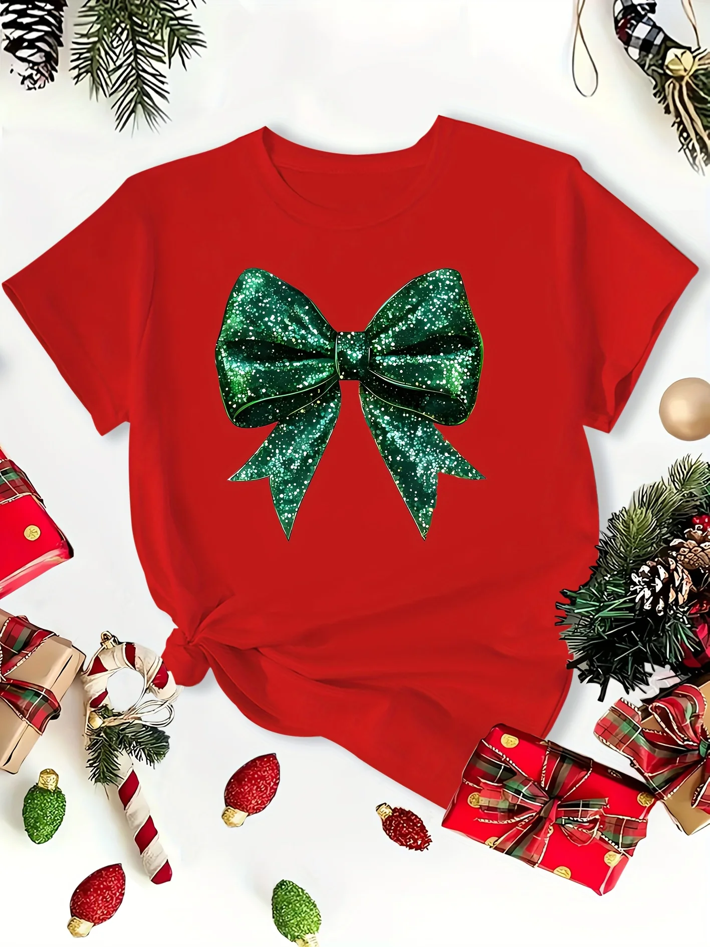 

Women's Christmas Short Sleeve Green Sequin Bow Print Round Neck Casual T-Shirt Fashionable Top for Summer Tshirt Clothing