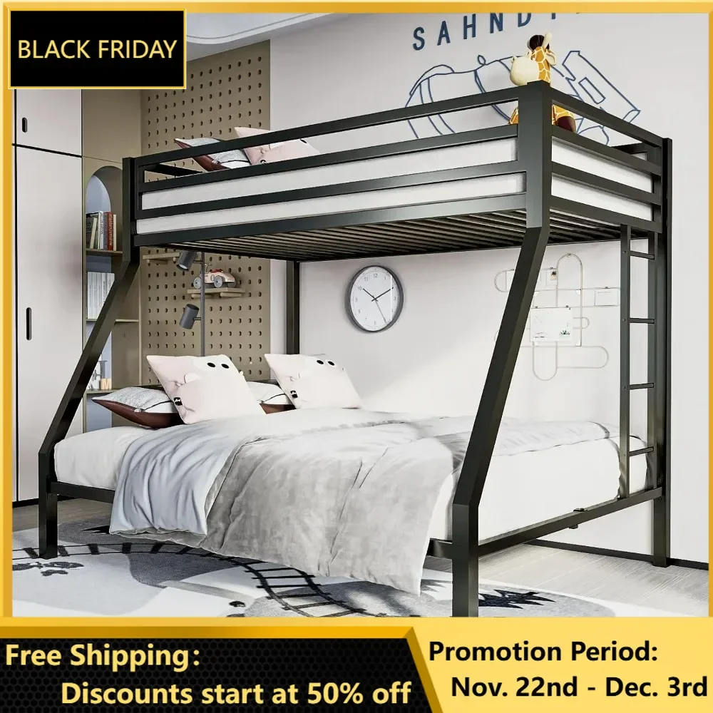 Metal Bunk Bed, Twin Over Full Size Beds with Sturdy Guard Rail & Removable Ladder, Space-Saving/Noise-Free, Children Beds