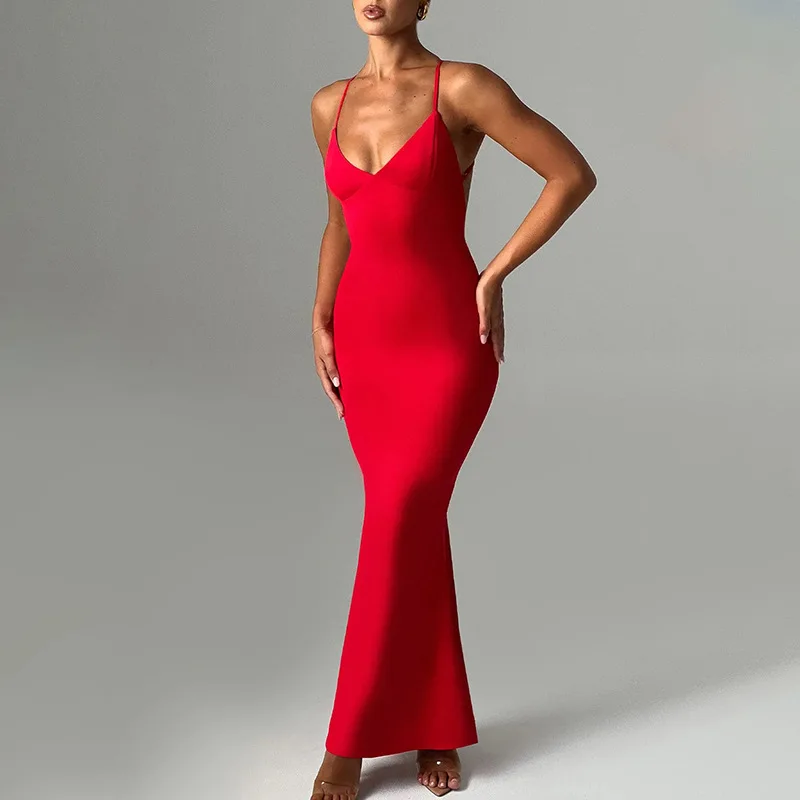 Women's Summer Dress V-neck Spaghetti Strap Sleeveless Backless Pleated Sexy Bodycon Club Party  Elegant Long Dress