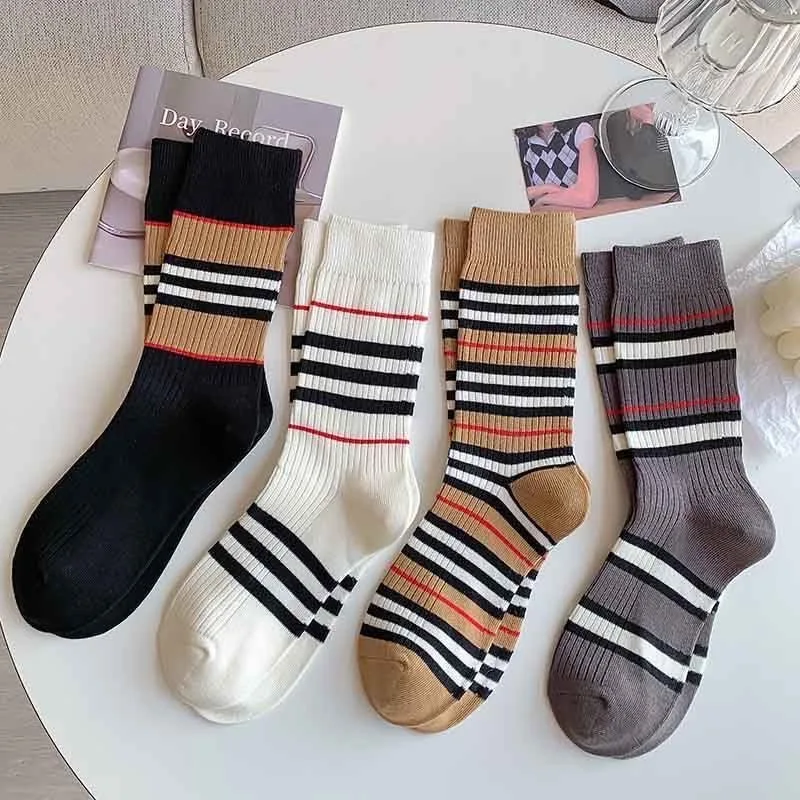

4 Pairs of Women's Brown Striped Mid-Calf Socks, Double-Needle Layered Fashion Long Socks (EU36-41)