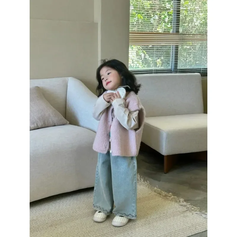 

Vest Autumn New Childrens Clothing Korean Childrens Clothing Girl Solid Color Woolen Yarn Knitting Simple 2024 Sweet