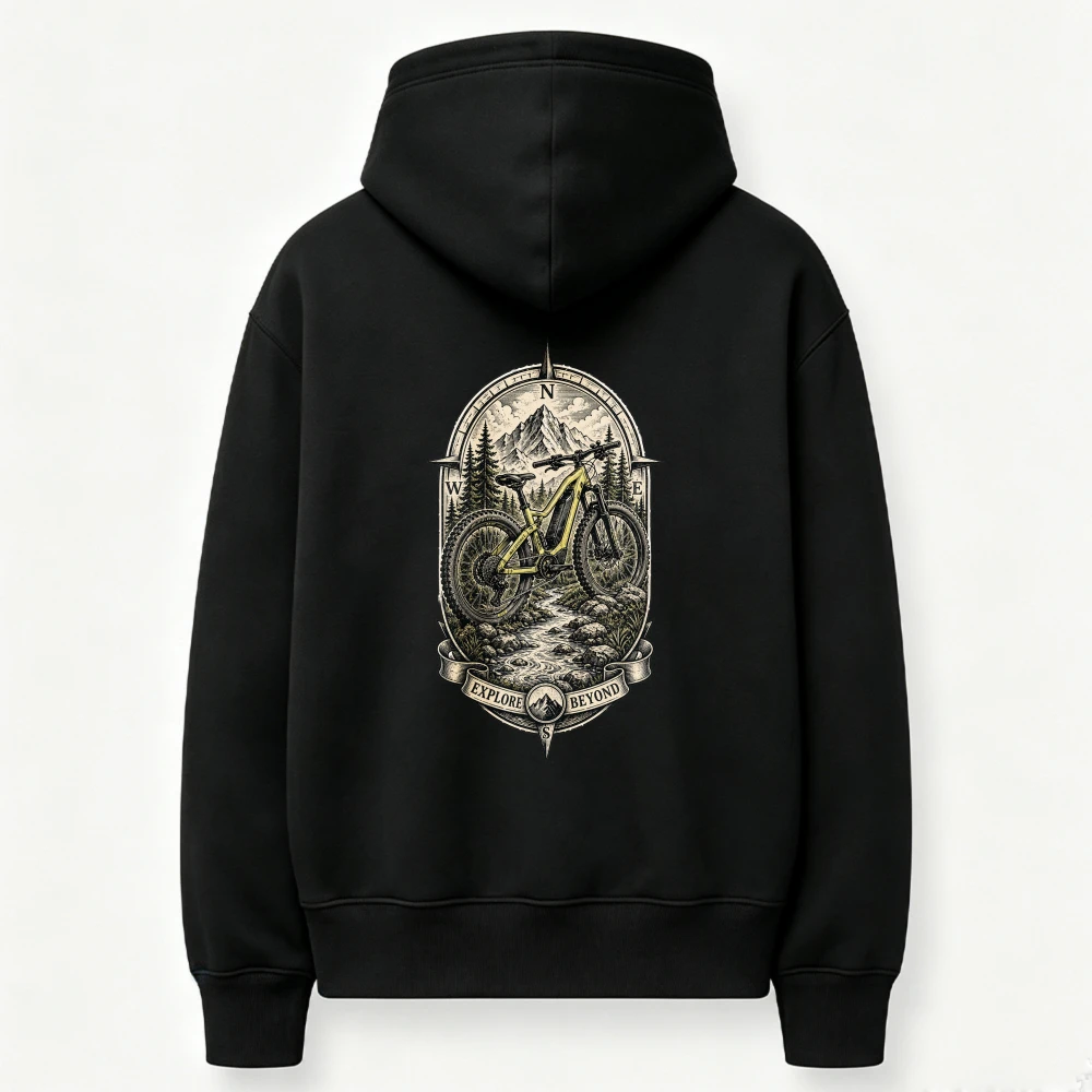 Mountain Bike Forest Mountain River Oval Frame Graphic Hoodie MTB Biking Nature Adventure Sweatshirt Cycling Outdoor Casual Tops