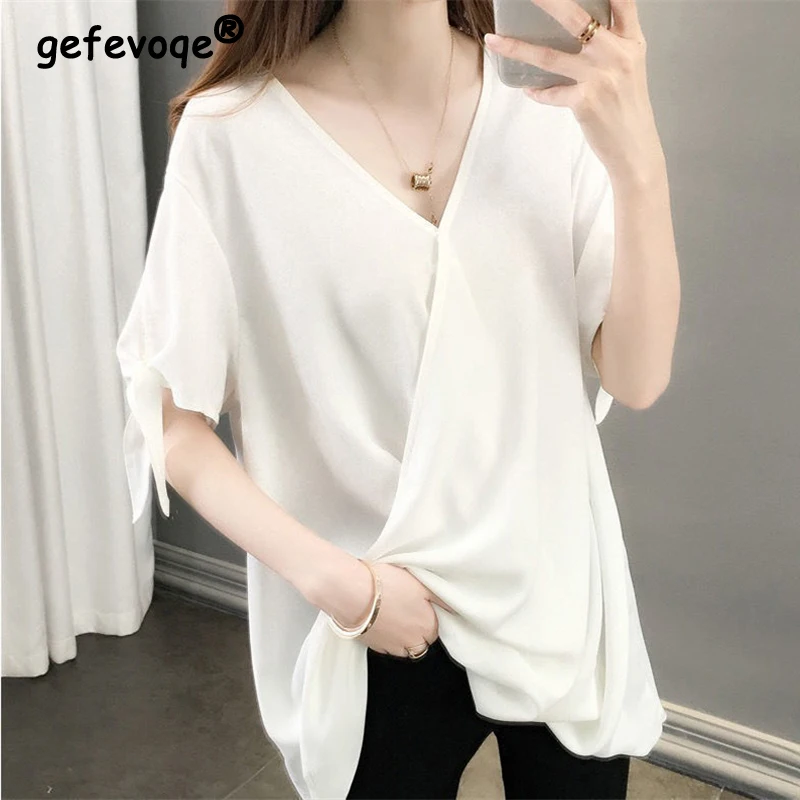 Women Bow Simple Casual Asymmetrical Y2K Oversized Blouse Summer Korean Fashion V Neck Short Sleeve Shirt Solid Tunic Tops Ropa