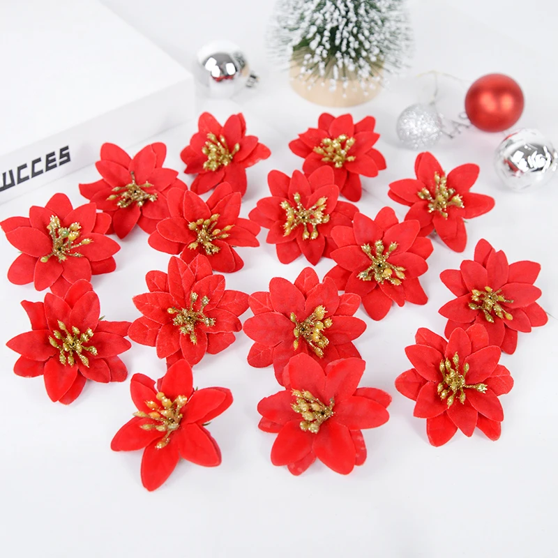 10/20pcs 6cm Christmas Artificial Flower Head Xmas Tree Ornaments 2023 Navidad New Year Home Decoration Noel DIY Wreath Garlands