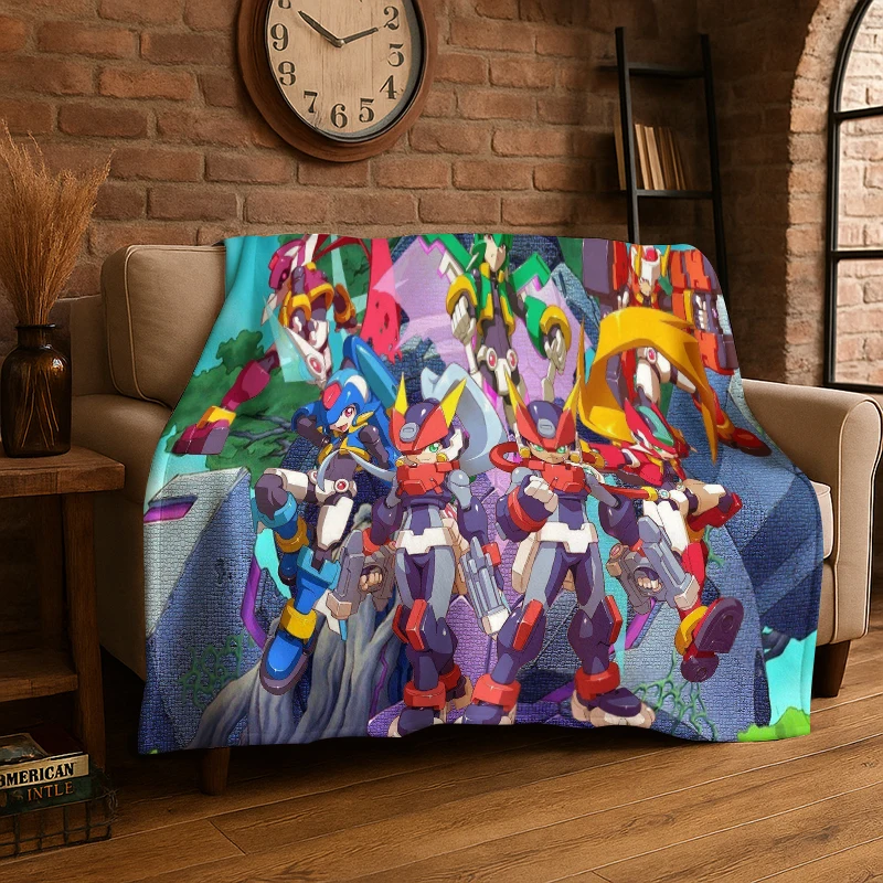 Retro Rockman Mega Man Game Cartoon Flannel Blanket Soft Warm Throw Blanket for Bedroom Living Room Bed Travel Camping Picnic