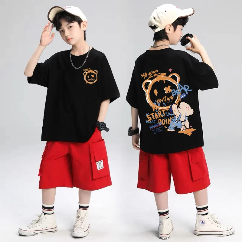 Boys Short Sleeve T‑Shirt Cute Bear Graffiti Print Front Back Graphic Kids Casual Summer Streetwear Children Tees Tops
