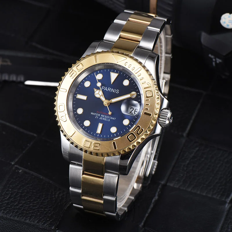 New Parnis 40mm Blue Dial Mechanical Automatic Men's Watch Calendar Sapphire Men's Waterproof Sports Wristwatches reloj hombre