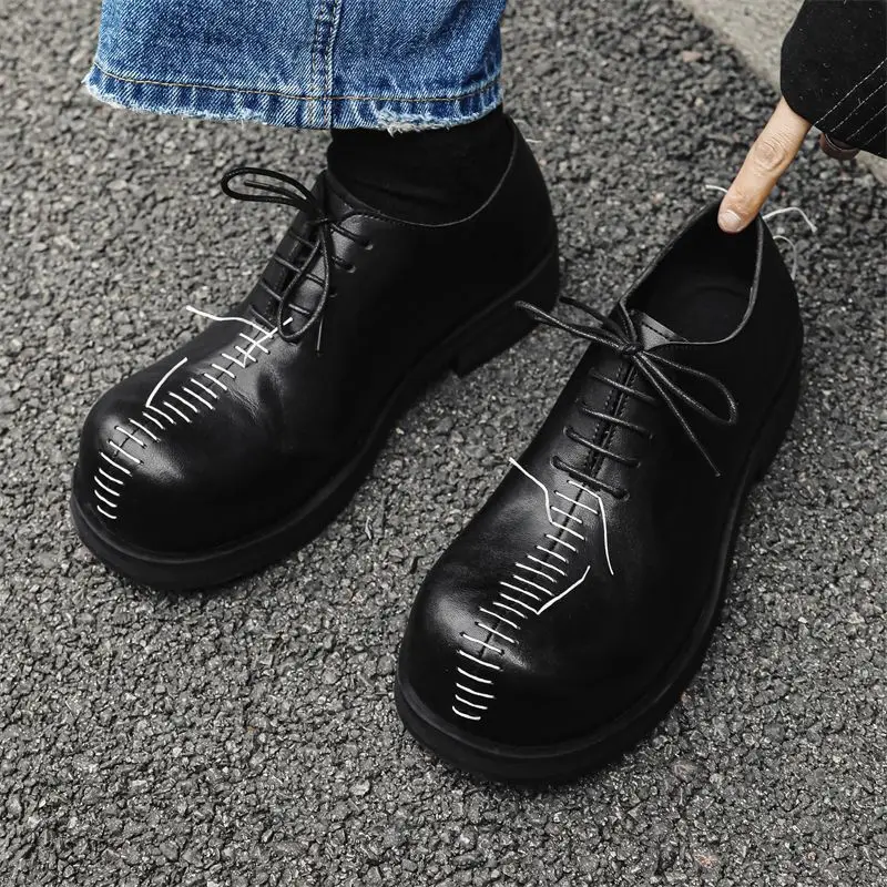 

2025 Men's leather niche design black big head high-end casual retro Cleanfit trendy derby shoes
