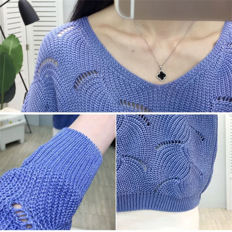 Autumn Winter V-neck Elegant Sweet Knitting Hollow Out Top Women Solid Casual Sweater Ladies Korean Style All-match Pullover2024