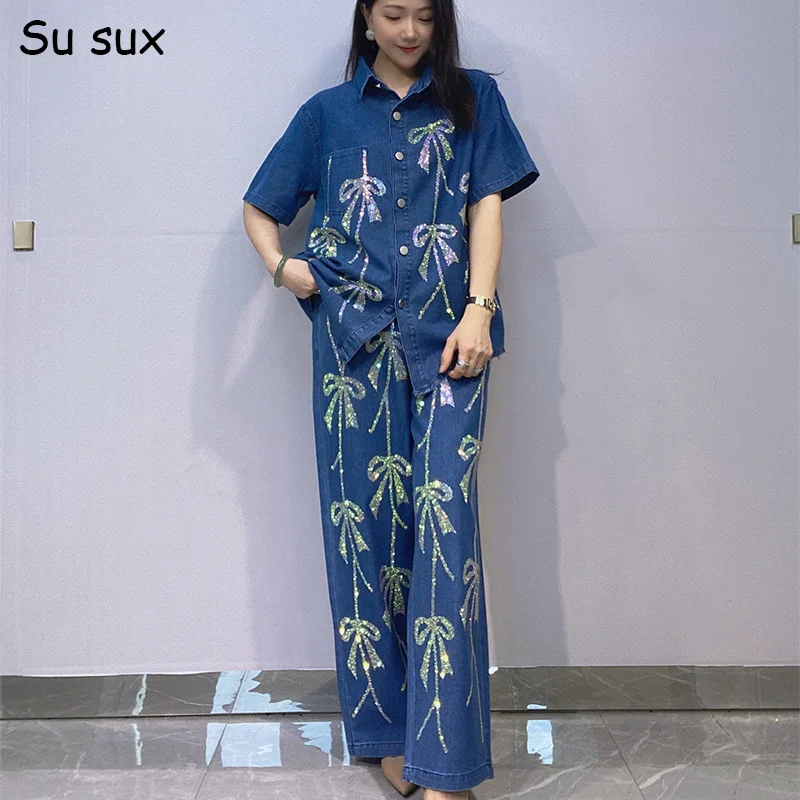 

Джинсовый комплект из 2 предметов с короткими рукавами и блестками и бантом для женской одежды Повседневные комплекты с широкими брюками Y2k Одежда Vestidos Streetwear Верхняя одежда