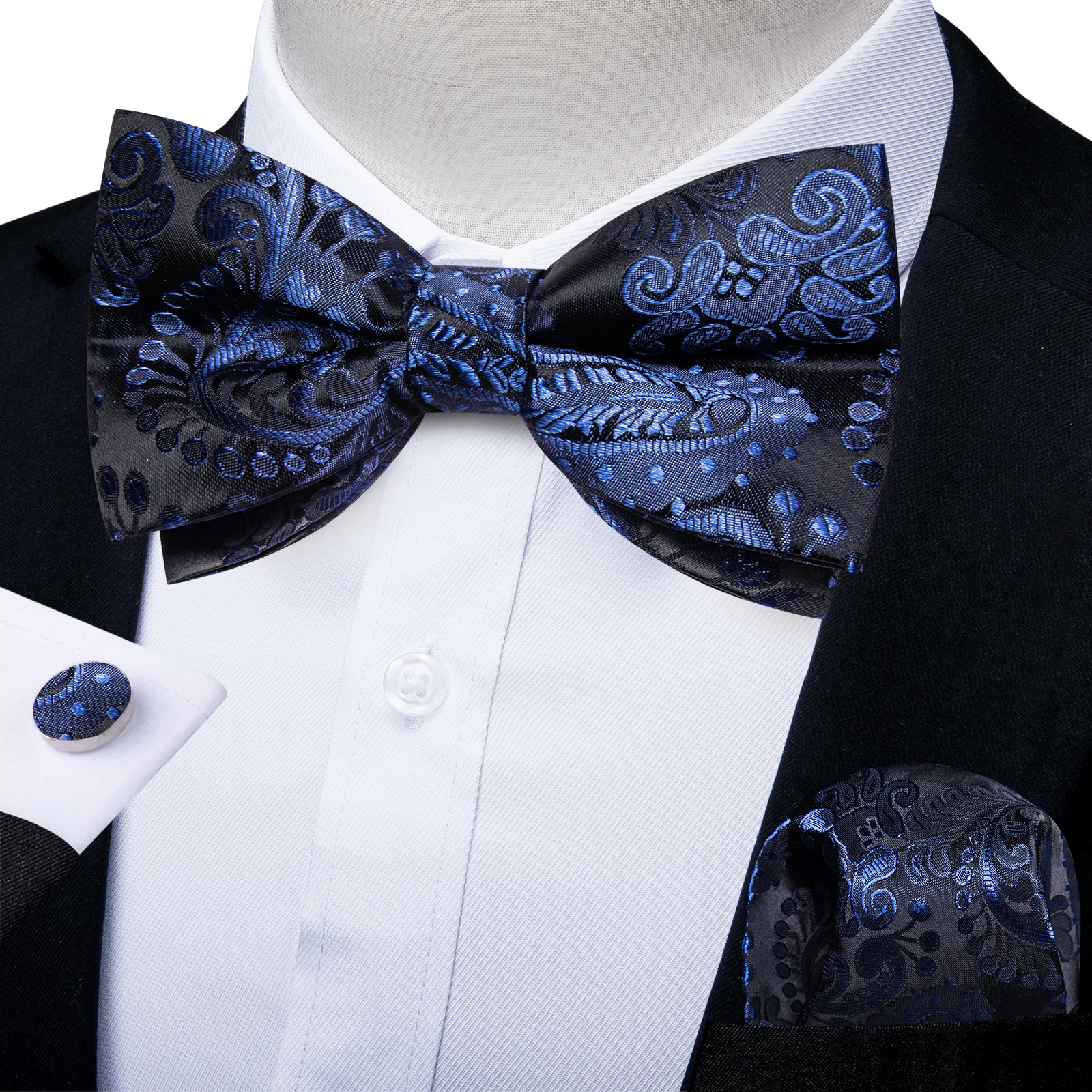 Jacquard Blue Black Paisley Pre-Tied Bow Tie for Men Wedding Adjustable Silk Bowtie Pocket Square Cufflinks Woven Butterfly Knot